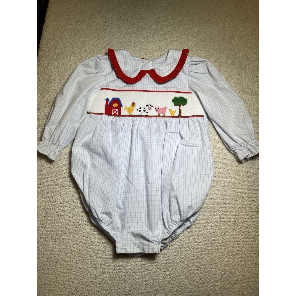 Stitchy Fish Farm Blue Windowpane Long Sleeve Bubble Romper Smocked 24 Months
